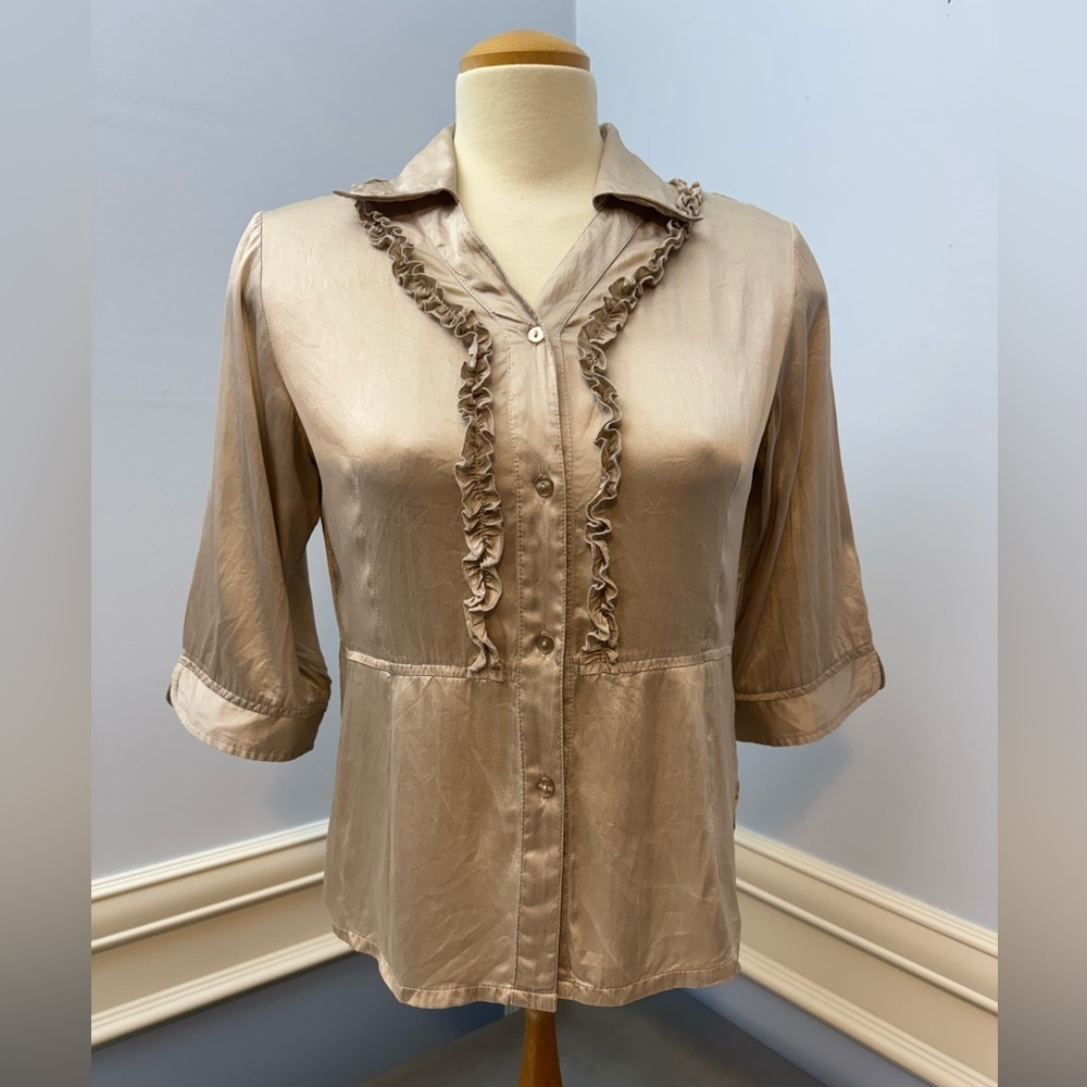 Silk metallic neutral Ruffle Trim Blouse